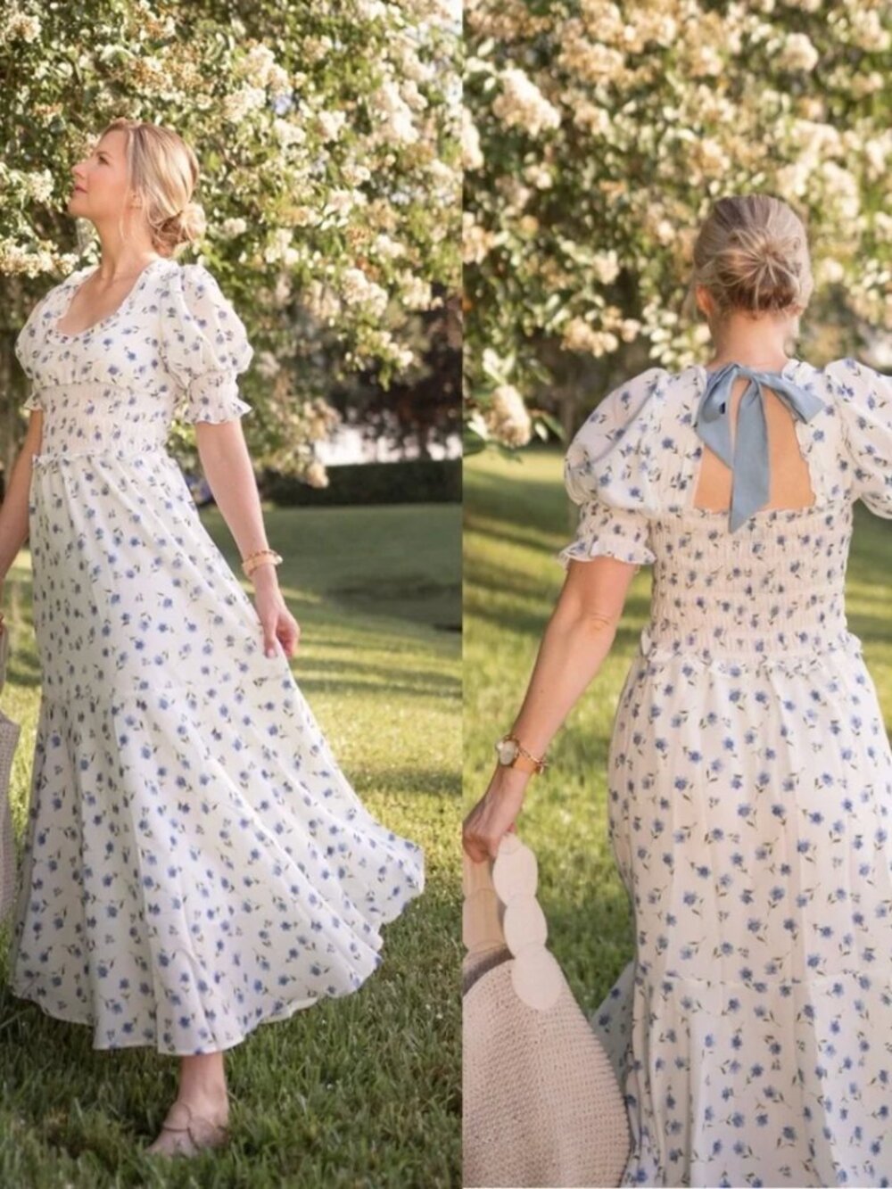 Sister Jane Perennial Floral Maxi Dress White Blue Smocked Size M Coquette